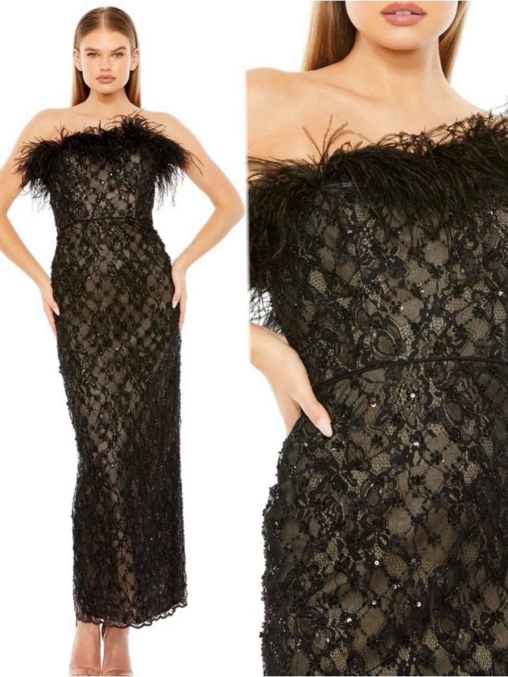 Mac Duggal Beaded Strapless Tea Length Dress Beaded Detail & Strapless Sz 12 NWT